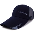 Navy blue breathable mesh trucker hat with gray brim detail and white sport embroidery - Adjustable / Blue with Blue Edge
