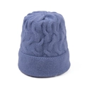 Detail of smog blue cable knit beanie featuring thick texture and folded cuff design - Blue