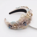 Baroque champagne padded headband with lace flowers, blue crystals and pearls - Yellow