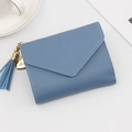 Blue trifold short wallet with tassel and heart pendant in minimalist envelope style - Blue