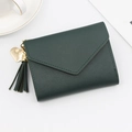 Short dark green trifold wallet with lychee texture, heart pendant and tassel charm - Green