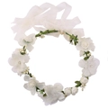 Detail of white artificial rose bridal garland with green leaves and ribbon - White