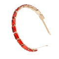 Detail of red rectangular crystal rhinestones set on a slim golden metal headband - Red Rhinestone Inlay