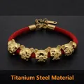 Red braided cord bracelet with five gold bear charms in durable titanium steel for women - Five Mice Fortune