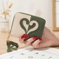 Beige and olive green bifold wallet with heart stitching and matching heart tassel - Green