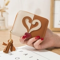 Women's heart mini wallet in beige and brown contrast leather with tassel zipper - Brown