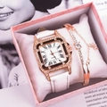 Elegant gold square rhinestone watch and star bracelet set in a pink gift box - WS813 White Watch + Bracelet + Box