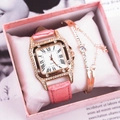 Pink leather strap square watch and rose gold rhinestone bracelet gift set for women - Square Rhinestone Style (WS813) / WS813 Pink Watch + Bracelet + Box