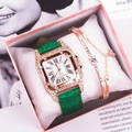 Square gold watch with green strap and diamond bracelet in a pink gift set - WS813 Green Watch + Bracelet + Box