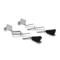 Elegant silver interlocking square earrings with black faceted teardrop pendants - Steel