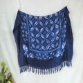 Blue tie-dye cotton scarf with white geometric patterns and long knotted tassels - Dark Blue Plant Ring (2020-1-16)