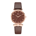 Elegant women's quartz watch with rose gold case, brown leather strap, and textured dial - Brown