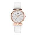 Elegant women's white leather strap quartz watch with rose gold dial and petal texture - White
