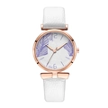 Detailed macro of the rose gold watch case and white dial with purple leaf pattern - White