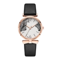 Minimalist women quartz watch with black leather strap and rose gold leaf dial - Black