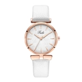 Elegant women's quartz watch with white leather strap and rose gold leaf pattern dial - White
