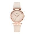 Detail of rose gold quartz watch with leaf pattern dial and beige leather strap - Beige