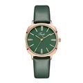 Close-up of rose gold square watch case with green dial and sparkling diamond markers - Green