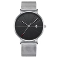 Minimalist men's watch with black sunray dial, silver mesh strap and date calendar display - Black Dial Silver Band