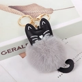 Dettaglio portachiavi gatto in PU nero con pompon grigio in finta pelliccia e gancio dorato - Grigio