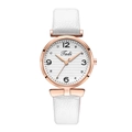 Close-up of white leather strap quartz watch with rose gold case and rhinestone markers - White