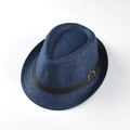 Navy blue straw fedora hat for kids with black leather band and silver buckle - 54cm / Blue