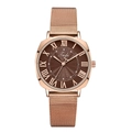 Detail of rose gold mesh band watch with brown sunburst dial and Roman numerals - Brown Dial