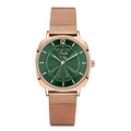 Elegant rose gold mesh watch with deep forest green sunburst dial and bar markers - Green