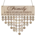 Close-up of wooden family birthday calendar with hanging heart and circle tags - Family A Circle of Love and Strength (JM01065)