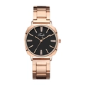 Close-up of rose gold steel watch strap with black dial and diamond hour markers - Black