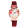 Detail of elegant Tadi quartz watch with rose gold case and red magnetic mesh strap - Red