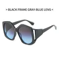 Black polygon oversized sunglasses with grey blue gradient lenses and hollowed temples - Bright Black Frame Gray Blue Lenses