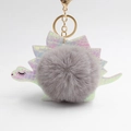 Iridescent cartoon dinosaur keychain with grey plush ball and golden metallic ring - Light Gray