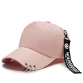 Pink street style baseball cap with metal rings and black hanging strap detail - Adjustable / Pink