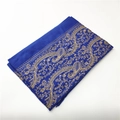 Close-up of golden paisley embroidery on thick dark blue cashmere-feel pashmina fabric - Sapphire Blue