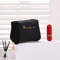 Portable black embroidered makeup bag with golden Beautyforyou text and metal zipper - Black
