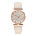 Detailed close-up of Tadi quartz watch with beige leather strap and rose gold textured dial - Beige