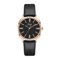 Detail of rose gold watch case with crystal markers and black leather strap - Black