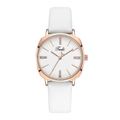 Detailed macro view of minimalist white leather strap and rose gold rhinestone quartz watch - White