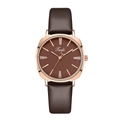 Minimalist women's quartz watch with brown leather strap and rose gold rhinestone dial - Brown