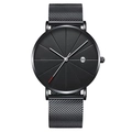 Minimalist men's black watch with mesh metal strap and date display on a white background - Black Dial Black Strap
