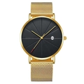 Minimalist gold mesh strap watch with black dial and date display on white background - Black Dial Gold Band