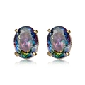 Rainbow oval zircon stud earrings with gold four-prong setting and crystal detail - Oval - Mystic Rainbow