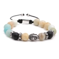 Dettaglio del bracciale regolabile con testa di Buddha e perle in pietra naturale multicolore - Amazonite d'acciaio