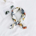 Silk-like floral printed twilly scarf with orange cat design on white background - Window Cat Off-White / One Size