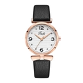 Detail of Tadi quartz watch with rose gold case, striped white dial and rhinestone markers - Black