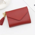 Short wine red faux leather tri-fold wallet for women with heart pendant and tassel - Red