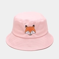 Détail d'un chapeau bob rose en coton avec broderie de renard et coutures de bord renforcées - M (56-58cm) / Rose