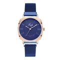 Close-up of a blue dial watch with rose gold case and Milanese mesh steel strap - Blue