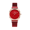 Detail view of the Tadi rose gold watch with a textured red Milanese mesh metal strap - Red